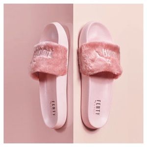 pink fluffy puma slides